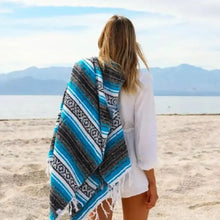 Load image into Gallery viewer, Mexican Striped Blanket - Handmade Colorful Ethnic Shawl, Yoga Cover, Picnic Towel, Beach Throw with Tassels
