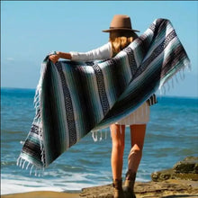 Load image into Gallery viewer, Mexican Striped Blanket - Handmade Colorful Ethnic Shawl, Yoga Cover, Picnic Towel, Beach Throw with Tassels
